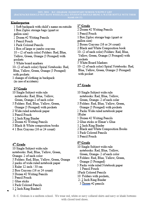 2023-2024 BC Graham School Supply List